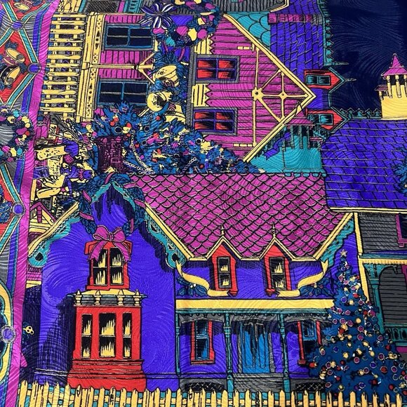 Oscar de la Renta Silk Scarf Village Street Scene Print Multicolor Square 30x30 - Picture 3 of 10